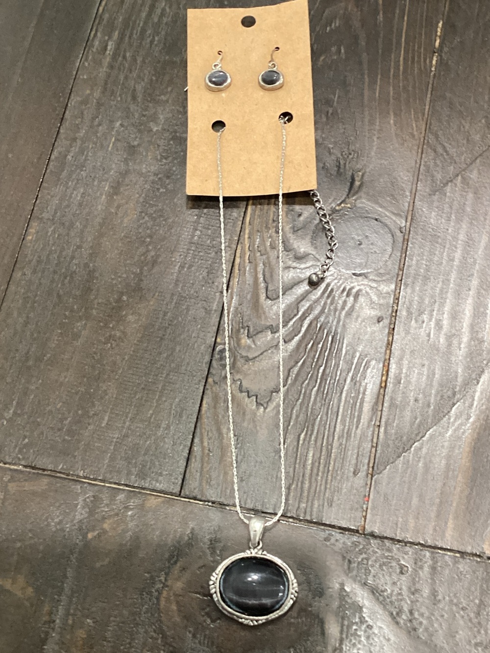 Silver-Tone Black Stone Pendant Necklace withβ Matching Earrings